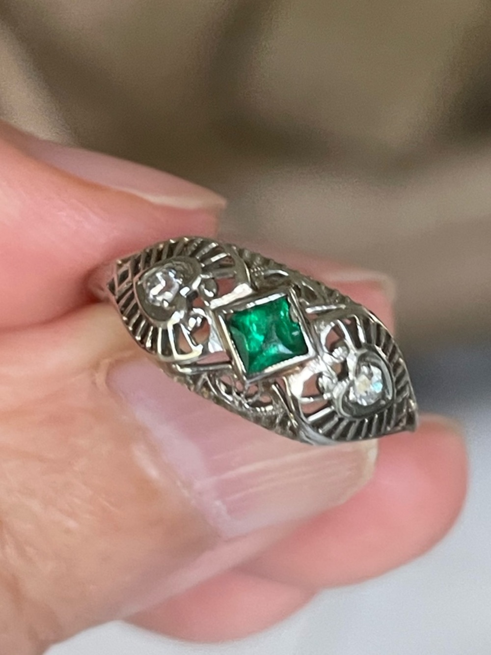 Antique Art Deco 18k Emerald Glass and Diamond Ring